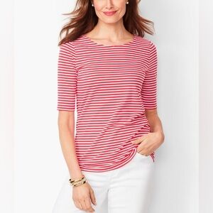 Orvis Preppy Red White Stripe Tee Boatneck Cotton 3/4 Sleeve Contrast Trim Sz SM